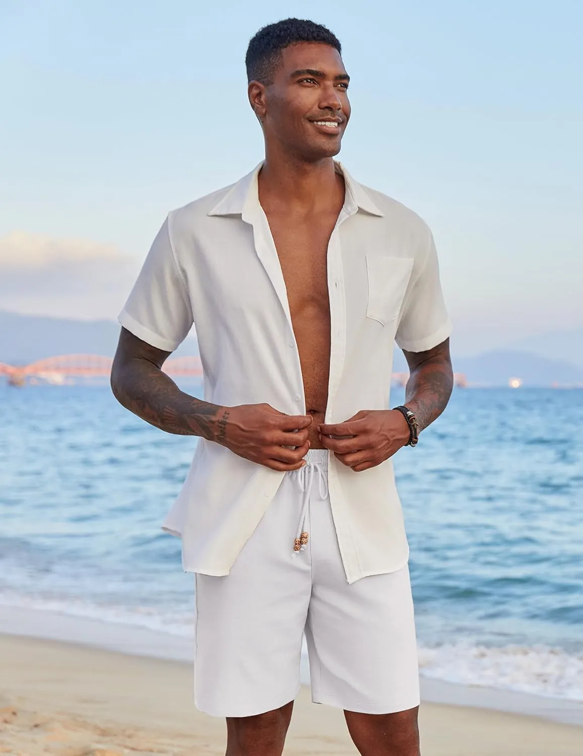 COOFANDY Mens Casual Linen Shorts Elastic Waist Drawstring Loose Fit Summer Beach Vacation Shorts with Pockets