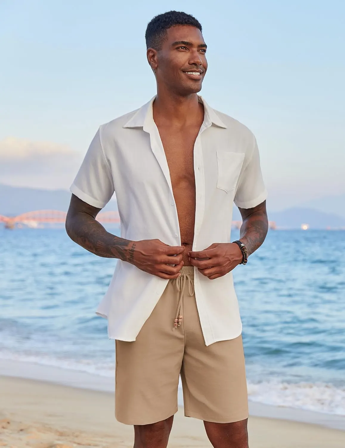 COOFANDY Mens Casual Linen Shorts Elastic Waist Drawstring Loose Fit Summer Beach Vacation Shorts with Pockets