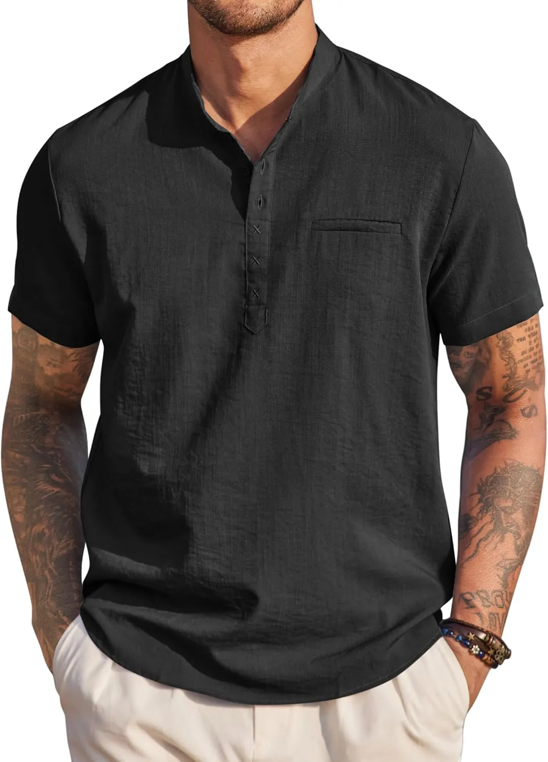 COOFANDY Men's Henley Shirts Band Collar Short Sleeve Shirt Casual Summer Beach Shirt Hippie T Shirt Fashion Hawaiian Shirt