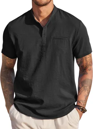 COOFANDY Men's Henley Shirts Band Collar Short Sleeve Shirt Casual Summer Beach Shirt Hippie T Shirt Fashion Hawaiian Shirt