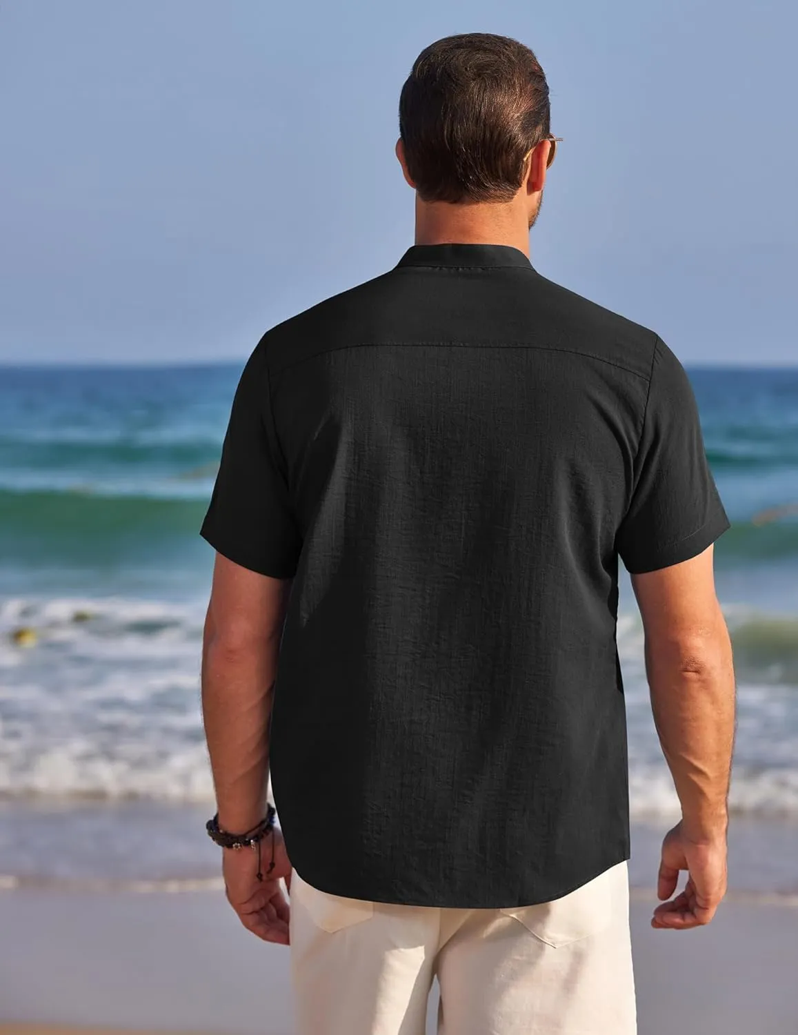 COOFANDY Men's Henley Shirts Band Collar Short Sleeve Shirt Casual Summer Beach Shirt Hippie T Shirt Fashion Hawaiian Shirt