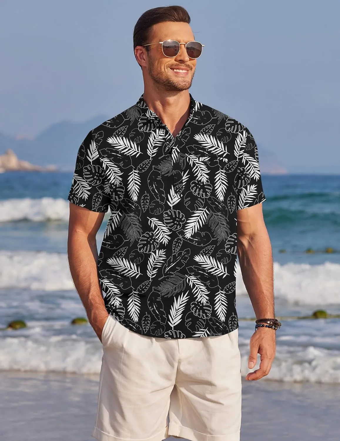 COOFANDY Men's Henley Shirts Band Collar Short Sleeve Shirt Casual Summer Beach Shirt Hippie T Shirt Fashion Hawaiian Shirt