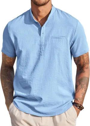 COOFANDY Men's Henley Shirts Band Collar Short Sleeve Shirt Casual Summer Beach Shirt Hippie T Shirt Fashion Hawaiian Shirt