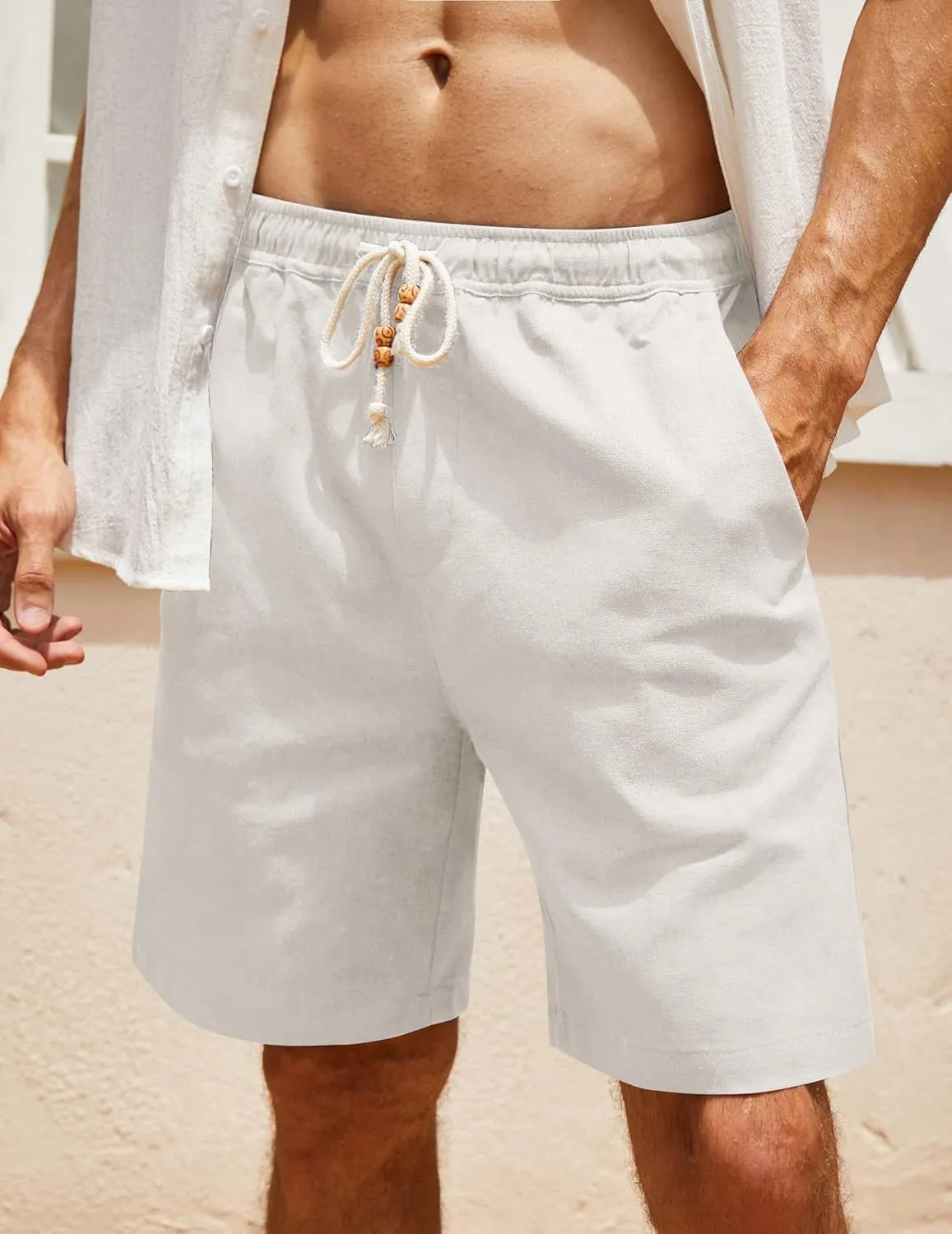 COOFANDY Men's Linen Shorts Casual Elastic Waist Drawstring Summer Beach Shorts