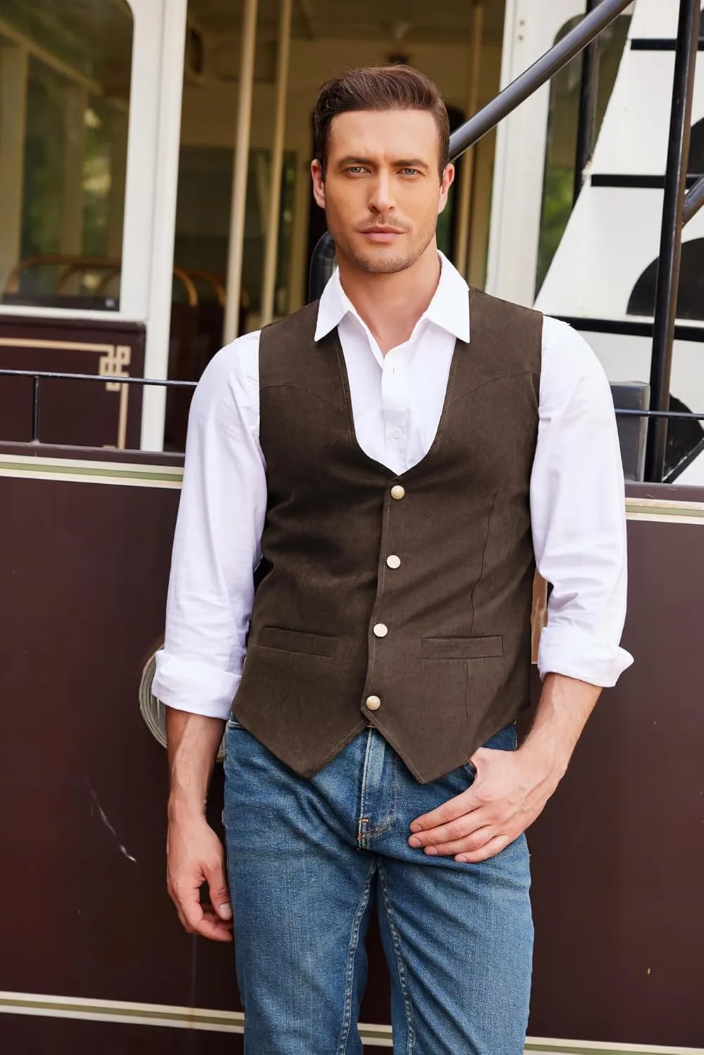 COOFANDY Men's Suede Leather Vest Cowboy Western Waistcoat Casual Slim Fit Suit Vest