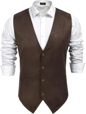 COOFANDY Men's Suede Leather Vest Cowboy Western Waistcoat Casual Slim Fit Suit Vest