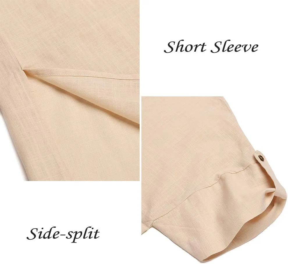 COOFANDY Men's V-Neck Linen Robe Short Sleeve Kaftan Thobe Long Gown Casual Shirt for Beach, Summer