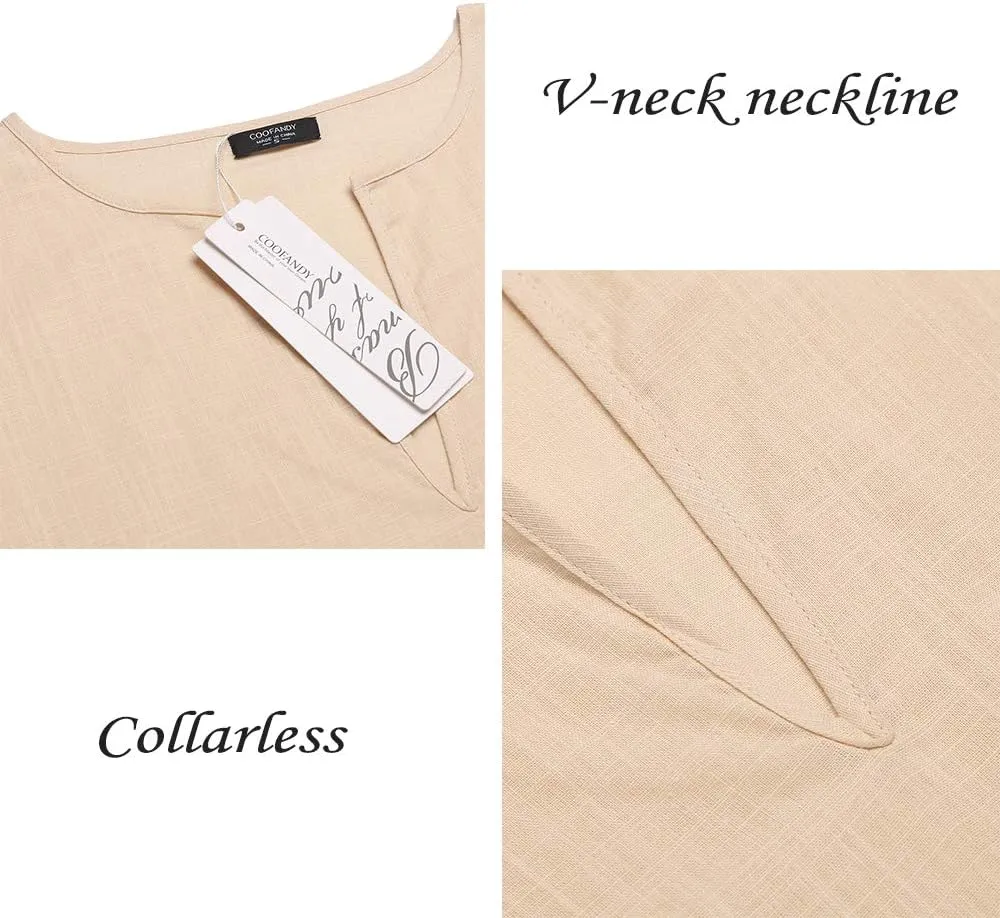 COOFANDY Men's V-Neck Linen Robe Short Sleeve Kaftan Thobe Long Gown Casual Shirt for Beach, Summer