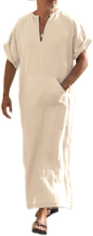 COOFANDY Men's V-Neck Linen Robe Short Sleeve Kaftan Thobe Long Gown Casual Shirt for Beach, Summer