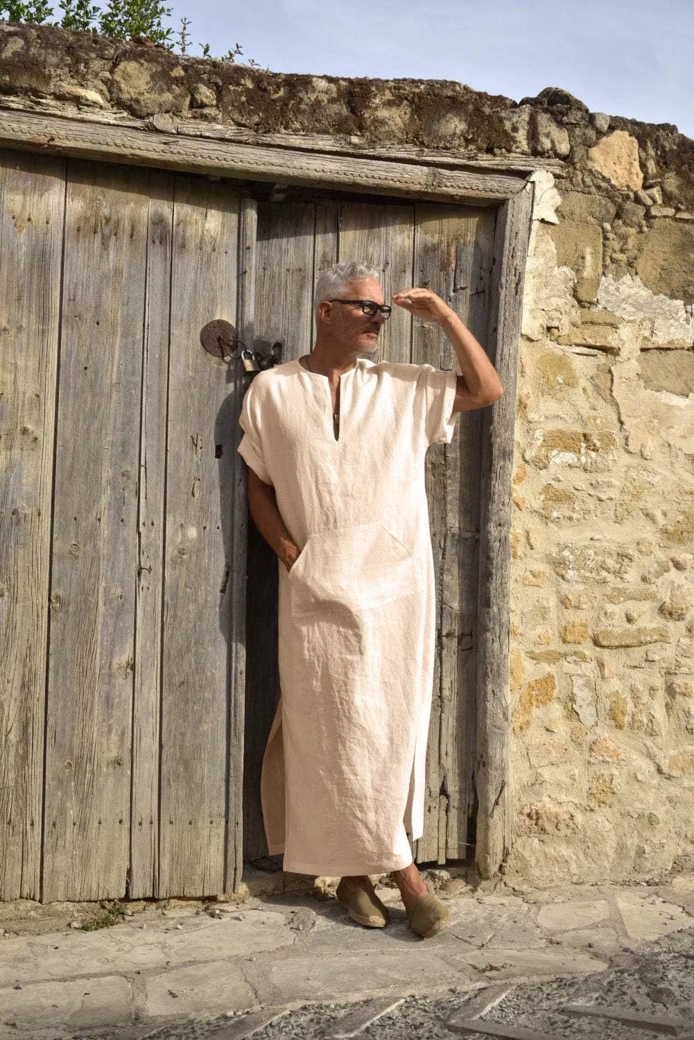 COOFANDY Men's V-Neck Linen Robe Short Sleeve Kaftan Thobe Long Gown Casual Shirt for Beach, Summer