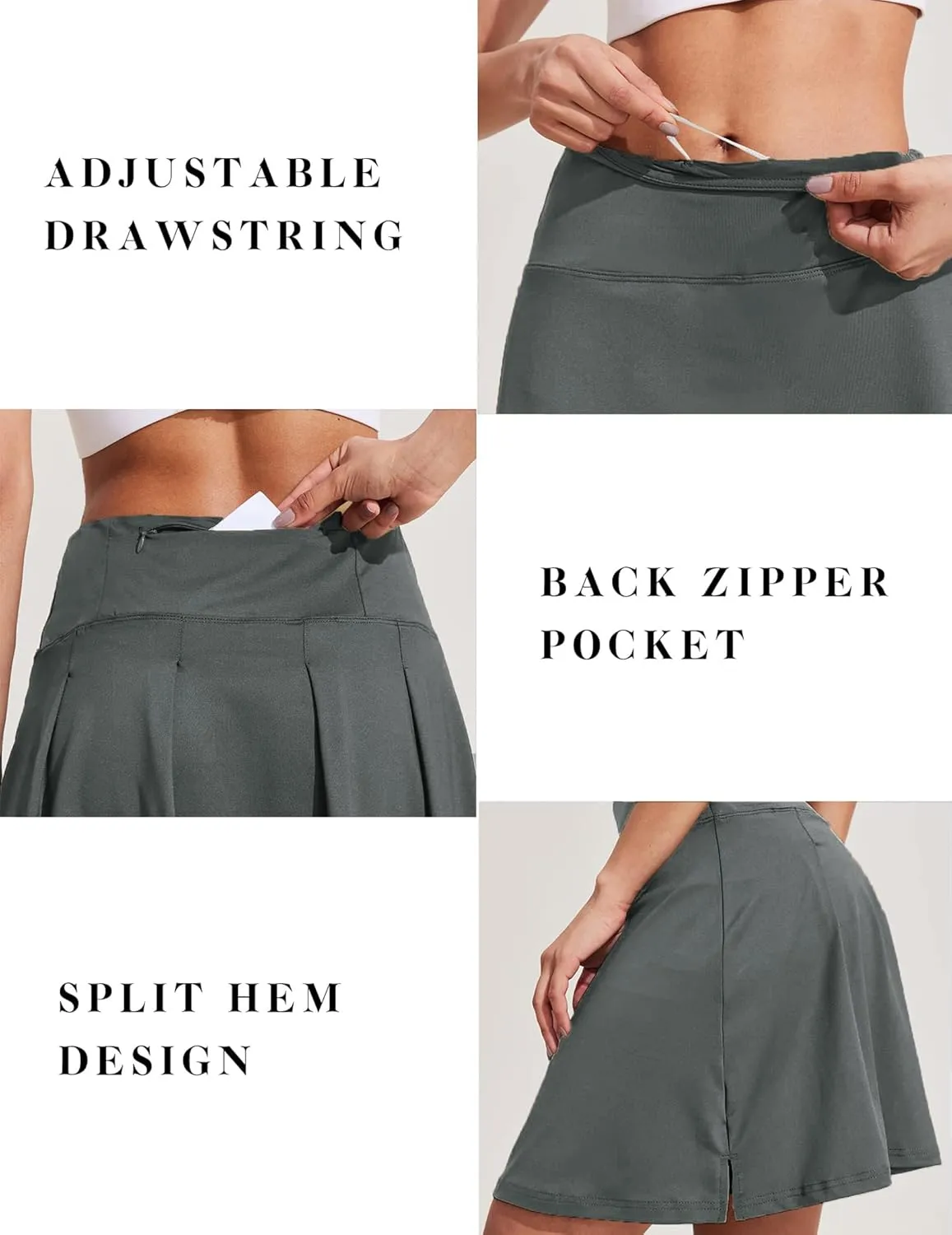 COOrun 18" Tennis Skirt Knee Length High Waist Skorts Skirts for Women Golf Pleated Built-in Shorts Skirts with Pockets