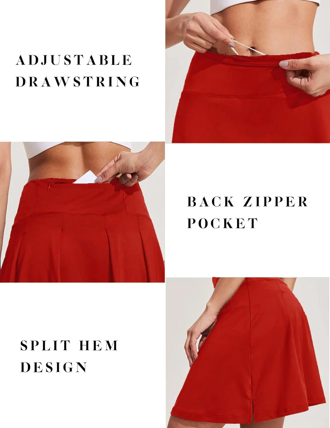 COOrun 18" Tennis Skirt Knee Length High Waist Skorts Skirts for Women Golf Pleated Built-in Shorts Skirts with Pockets