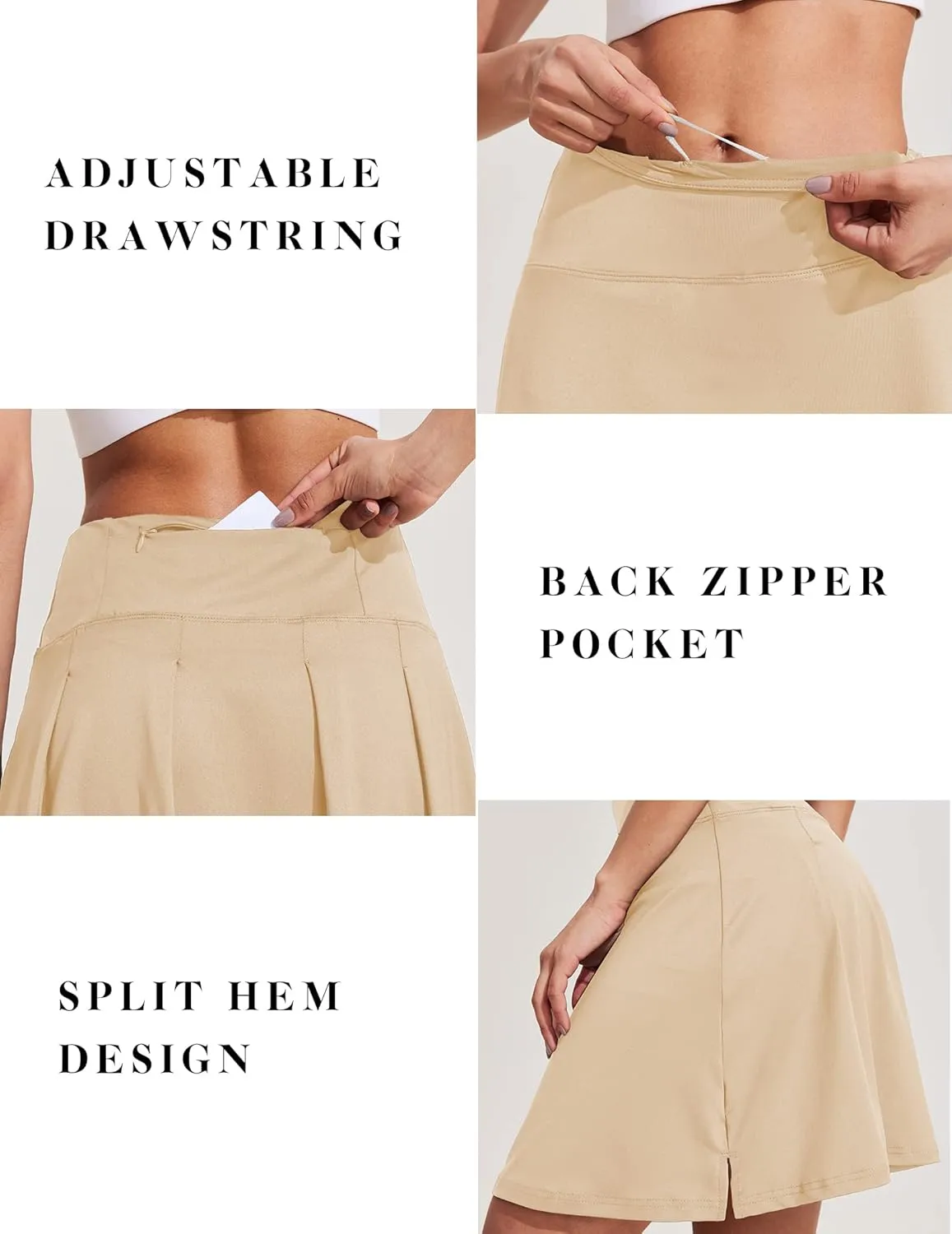 COOrun 18" Tennis Skirt Knee Length High Waist Skorts Skirts for Women Golf Pleated Built-in Shorts Skirts with Pockets