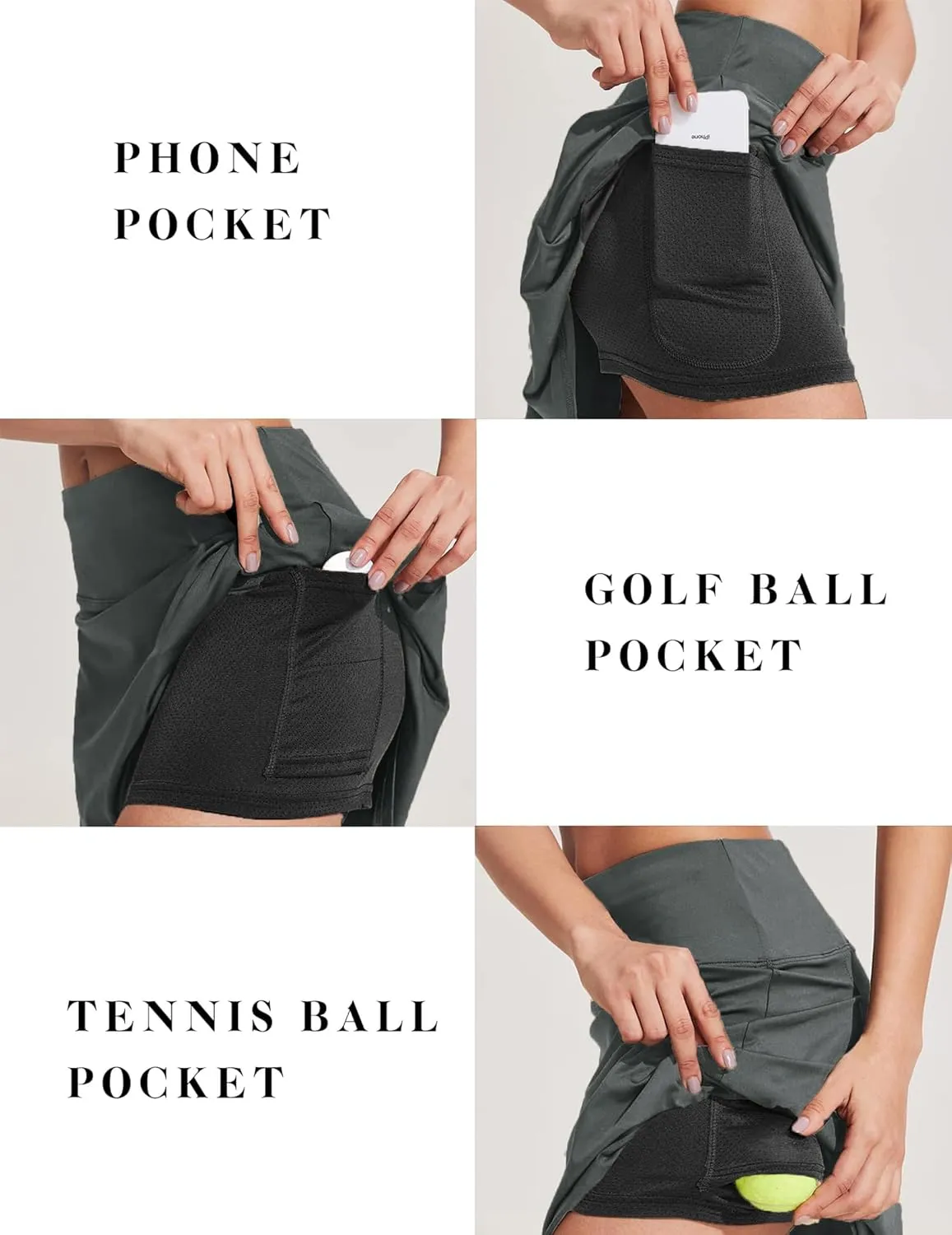 COOrun 18" Tennis Skirt Knee Length High Waist Skorts Skirts for Women Golf Pleated Built-in Shorts Skirts with Pockets