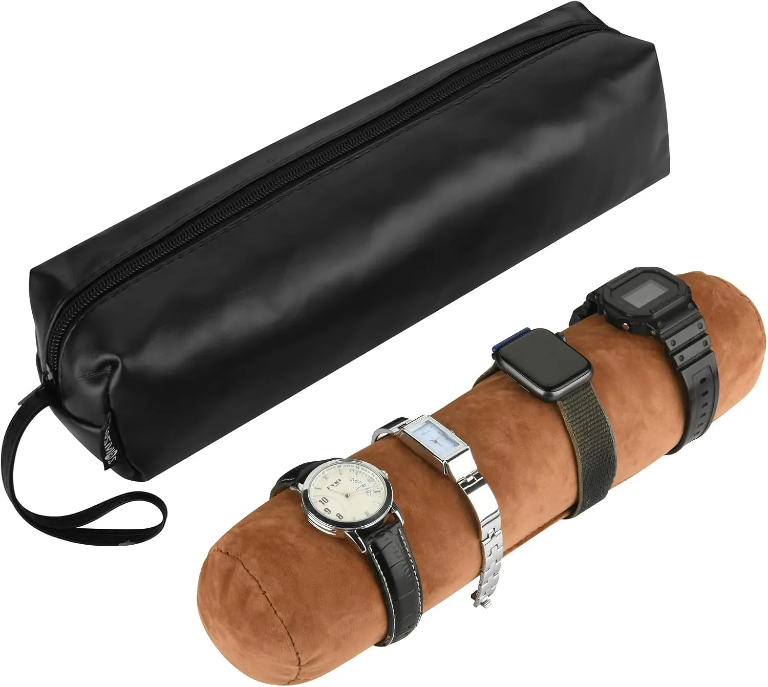 Cosmos Black Color PU Leather Watch and Bracelet Travel Storage Roll Bag with Brown Removable Tube Velvet Holder