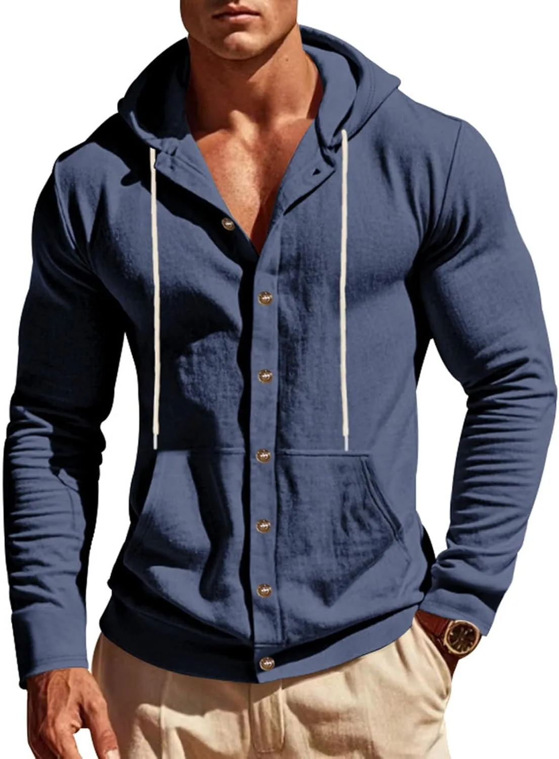 Cotton Hoodie for Mens Long Sleeve Button Down Linen Shirt Drawstring with Pockets Casual Summer Beach Hooded Shirts