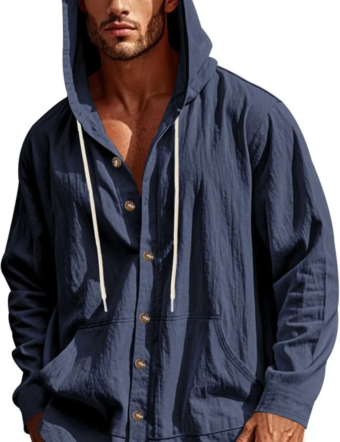 Cotton Hoodie for Mens Long Sleeve Button Down Linen Shirt Drawstring with Pockets Casual Summer Beach Hooded Shirts