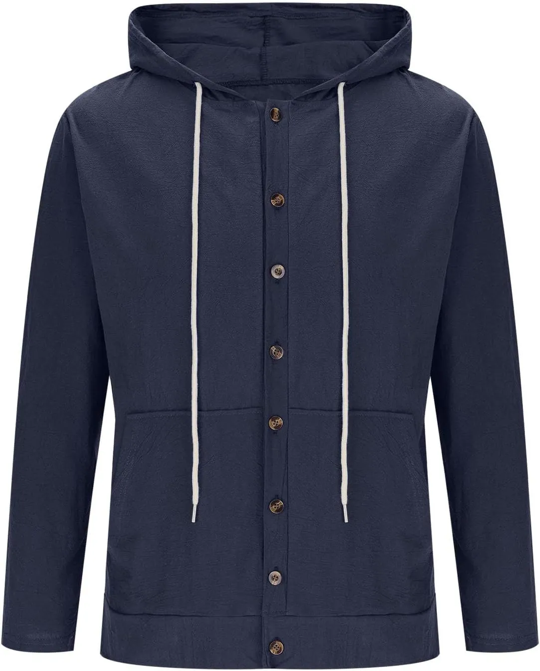 Cotton Hoodie for Mens Long Sleeve Button Down Linen Shirt Drawstring with Pockets Casual Summer Beach Hooded Shirts