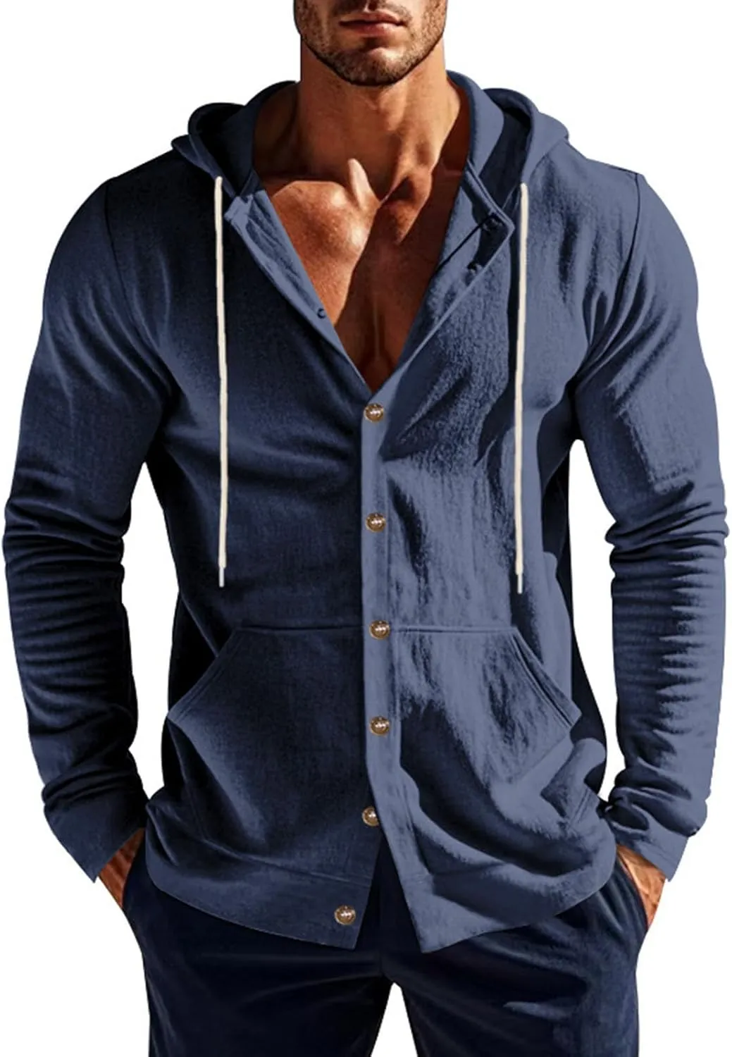 Cotton Hoodie for Mens Long Sleeve Button Down Linen Shirt Drawstring with Pockets Casual Summer Beach Hooded Shirts