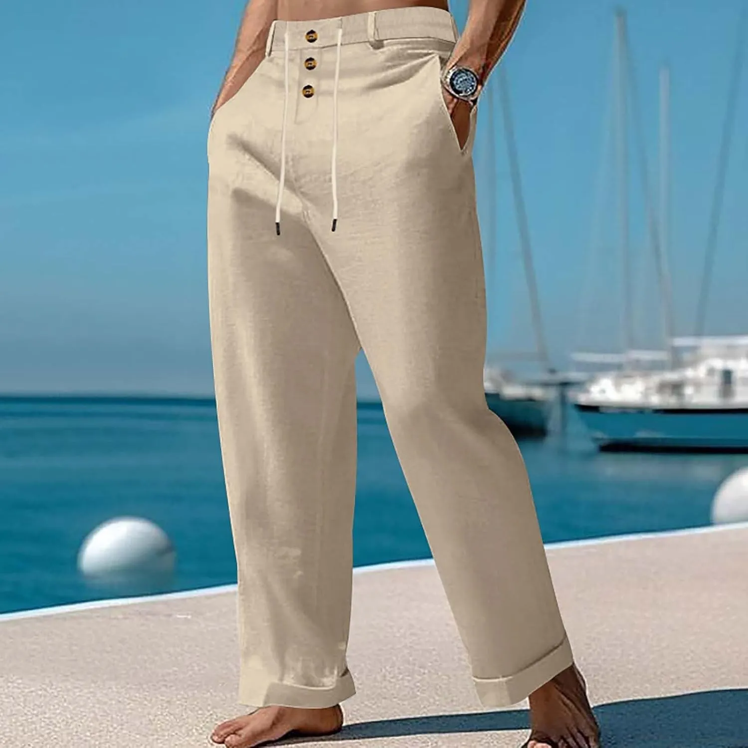 Cotton Linen Pants for Men Elastic Waist Button Down Casual Lightweight Loose Fit Trousers Summer Beach Yoga Pants