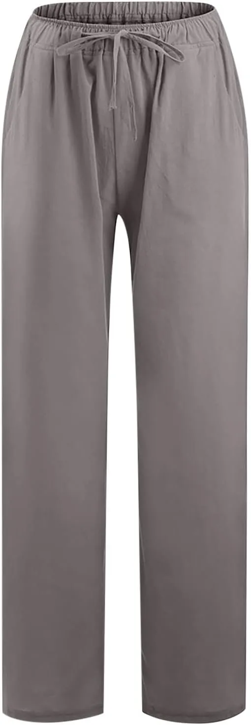 Cotton Linen Wide Leg Pants for Women Casual Summer 2024 Drawstring Beach Pants Loose Flowy Lounge Trousers