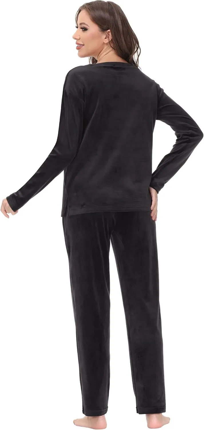 COZZIPLUS Women Velour Sweatsuits Sets Lounge Set 2 Piece Sweatsuit Crew Neck Sweatshirt and Sweatpant Velvet Jogging Suit