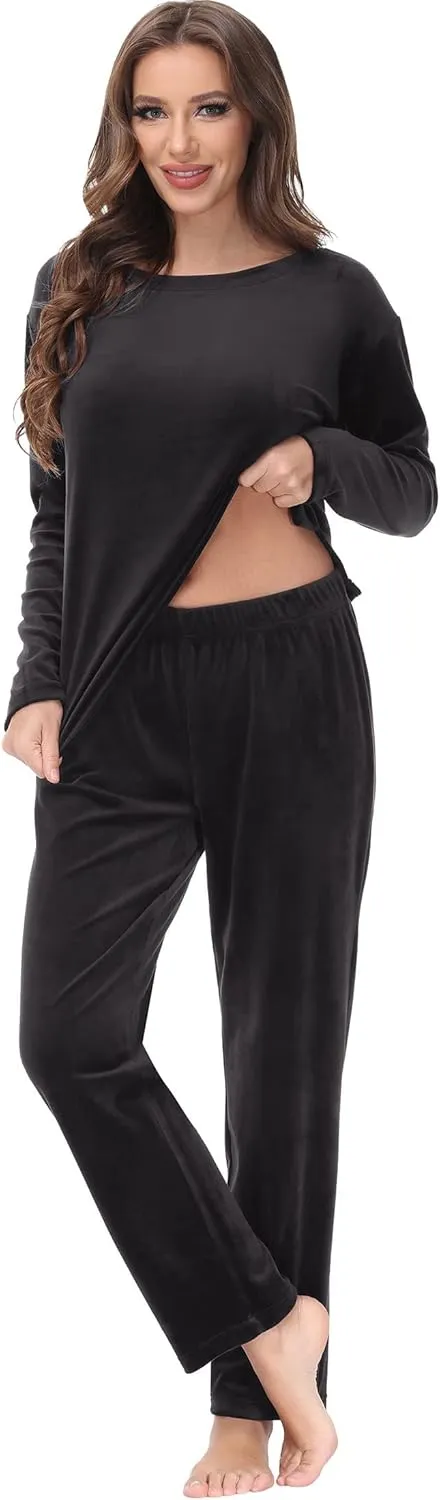 COZZIPLUS Women Velour Sweatsuits Sets Lounge Set 2 Piece Sweatsuit Crew Neck Sweatshirt and Sweatpant Velvet Jogging Suit