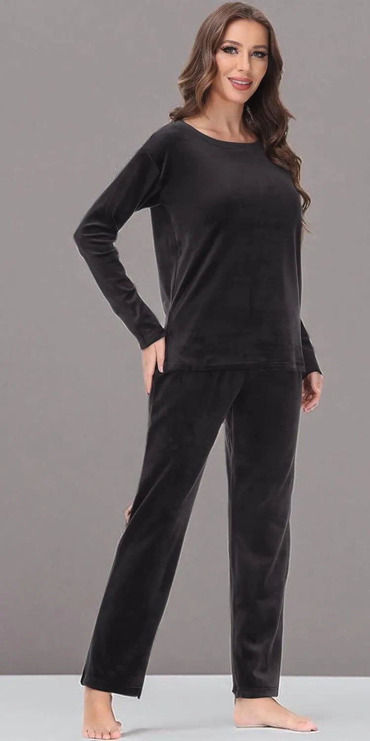 COZZIPLUS Women Velour Sweatsuits Sets Lounge Set 2 Piece Sweatsuit Crew Neck Sweatshirt and Sweatpant Velvet Jogging Suit