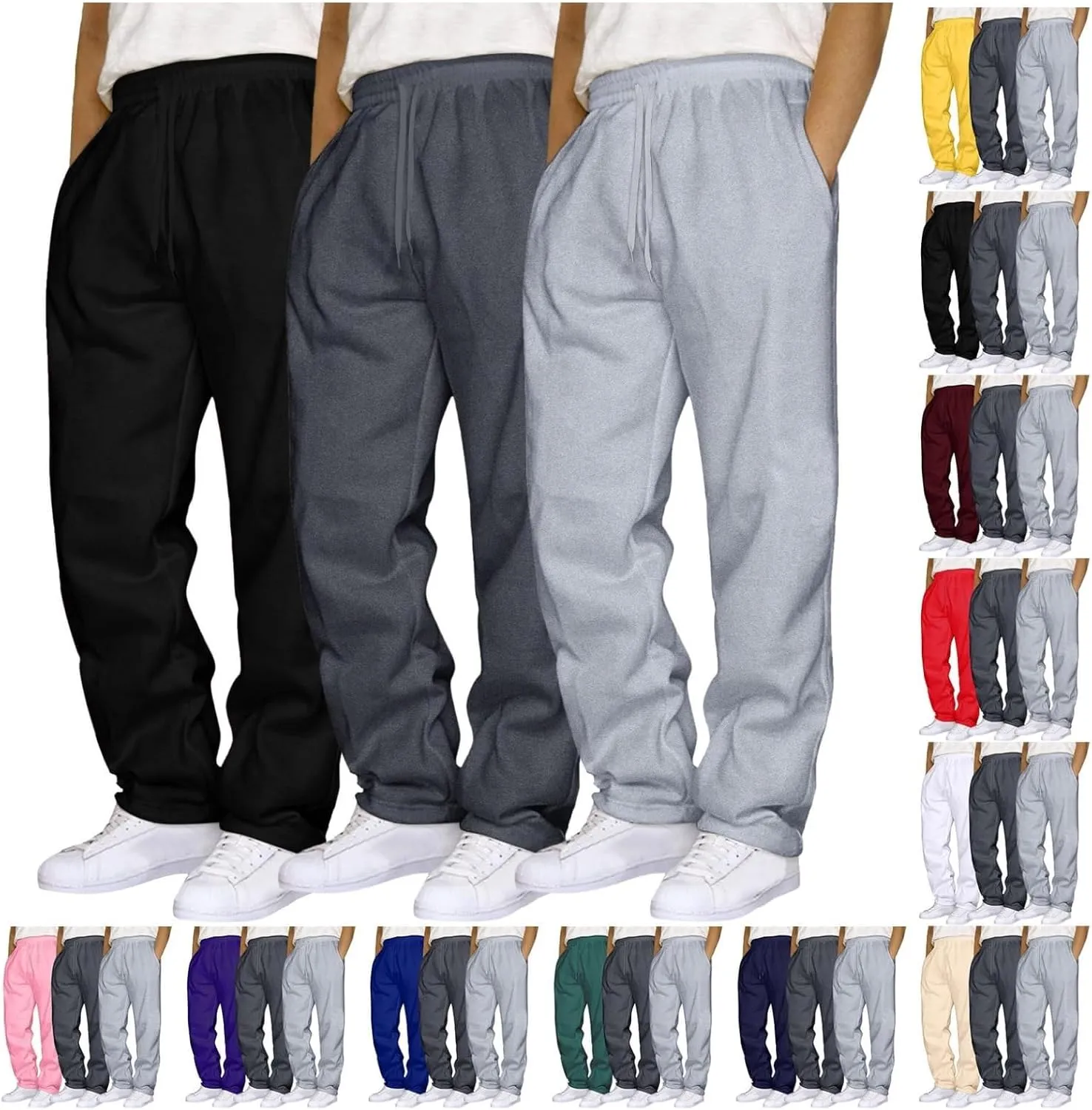 CRNTCEM Mens Loose 3 Pack Sweatpants Wide Leg Running Sports Pants Elastic Waist Drawstring Athletic Casual Jogger Sweatpants