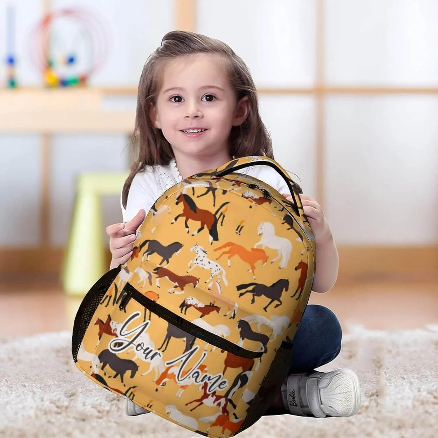 Custom Horse School Backpack for Kids Girls Boys, 16 Inch Cute Horses Themed Bookbag, Personalized School Backpack for Students Children, Lightweight, Large Capacity