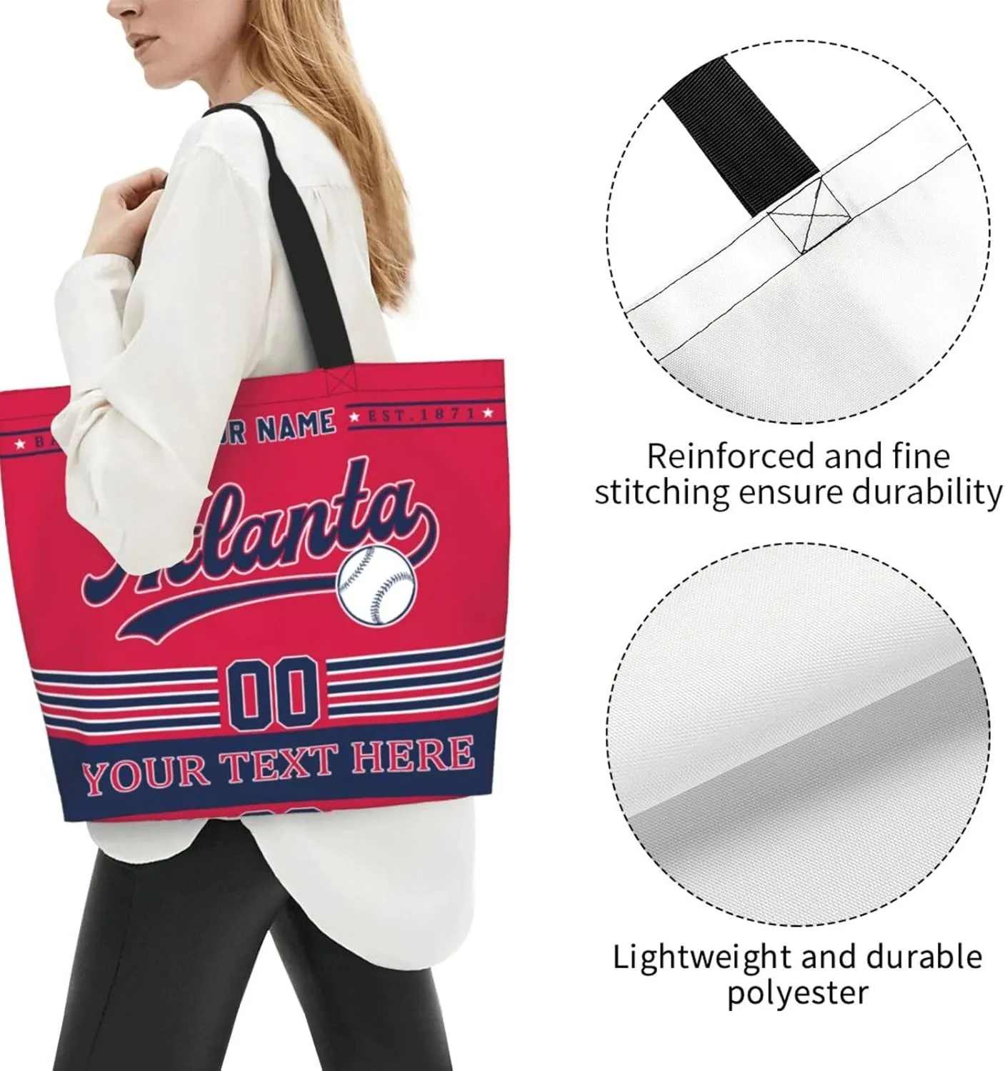 Custom Tote Bags Personalized Custom Baseball Shoulder Bag Shopping Tote Beach Travel Handbag for Women Fans Gift