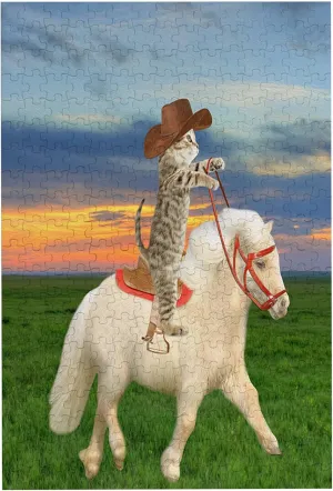 Cute Cat Print,Wooden Picture Puzzle for Adults,The Cat Cowboy on a Horse,High Resolution, Matte Finish,Smooth Edging,Multicolor Plastic Box Storage 300PCS