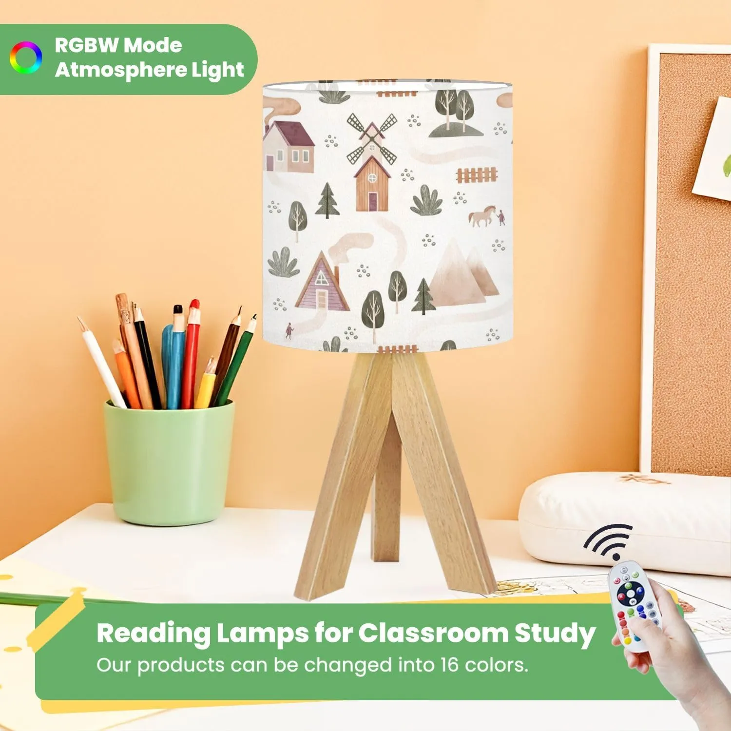 Cute Kids Bedside Desk Table Lamp House Forest Windmill Farm Mountains Animals Children Nightstand Lamp, Tripod Small Night Lights Linen for Nursery Room Bedroom Dorm Decor