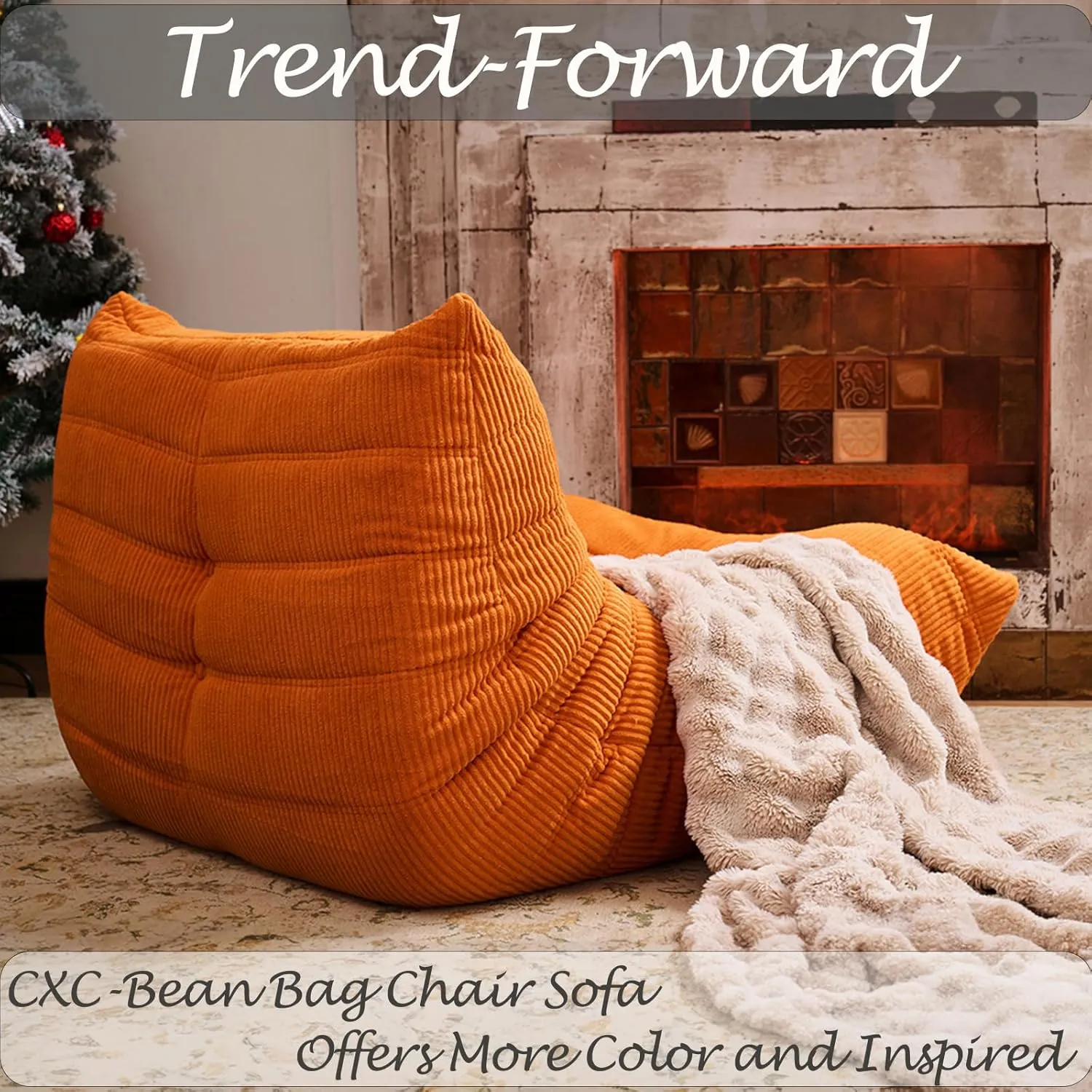 CXC Fireside Chair, Gaming Chair Floor, Large Bean Bag Chairs for Adults, Memory Sponge Lazy Sofa, Ergonomic Design Comfy Couch for Living Room丨 Bedroom丨 Home Office丨(Sunset Orange-Velvet)