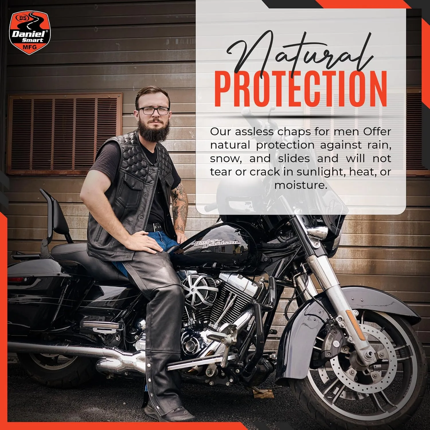 Daniel Smart Motorcycle Economy Leather Chaps All Season Unisex Biker Assless Chaps with Customizable fit and Carry Pockets