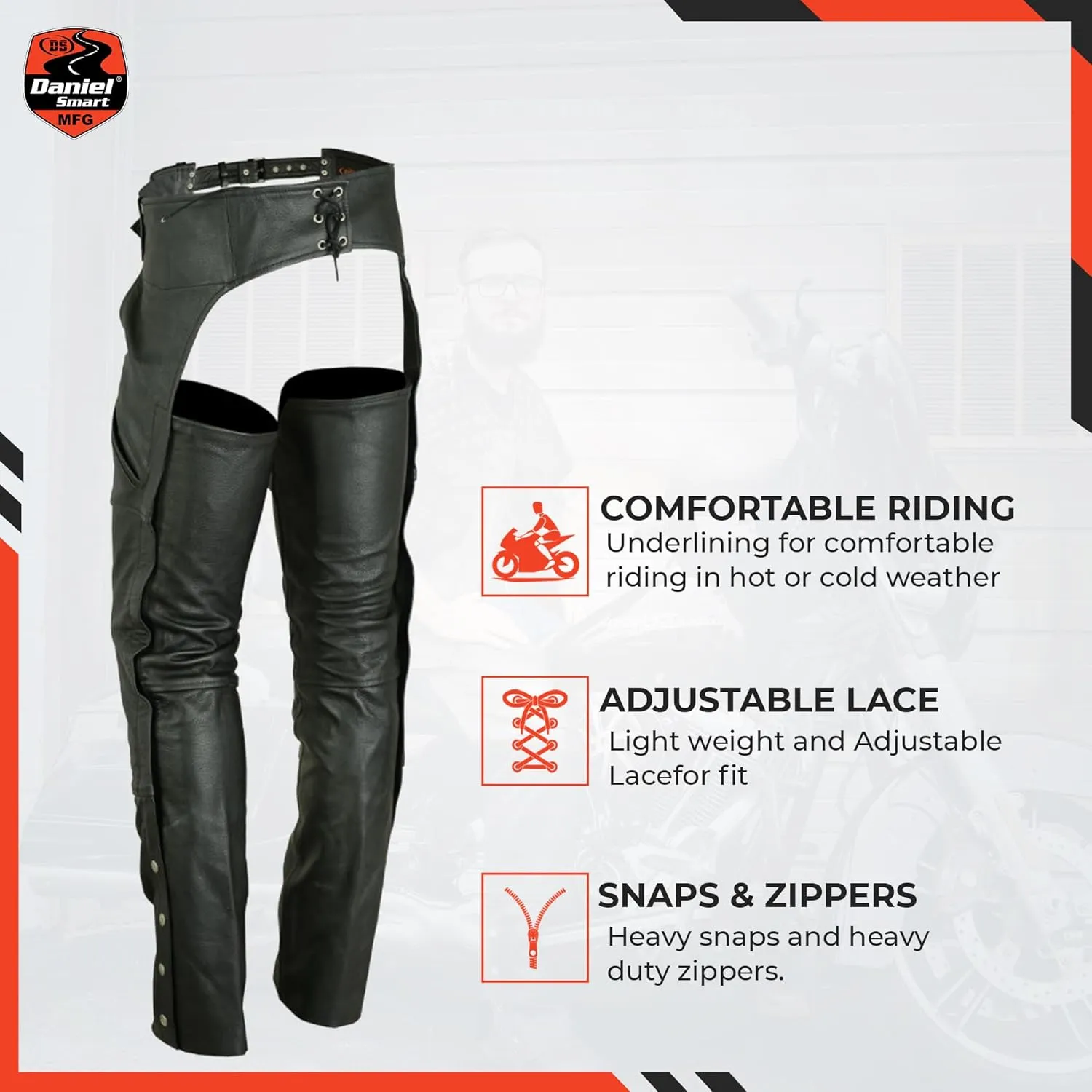 Daniel Smart Motorcycle Economy Leather Chaps All Season Unisex Biker Assless Chaps with Customizable fit and Carry Pockets