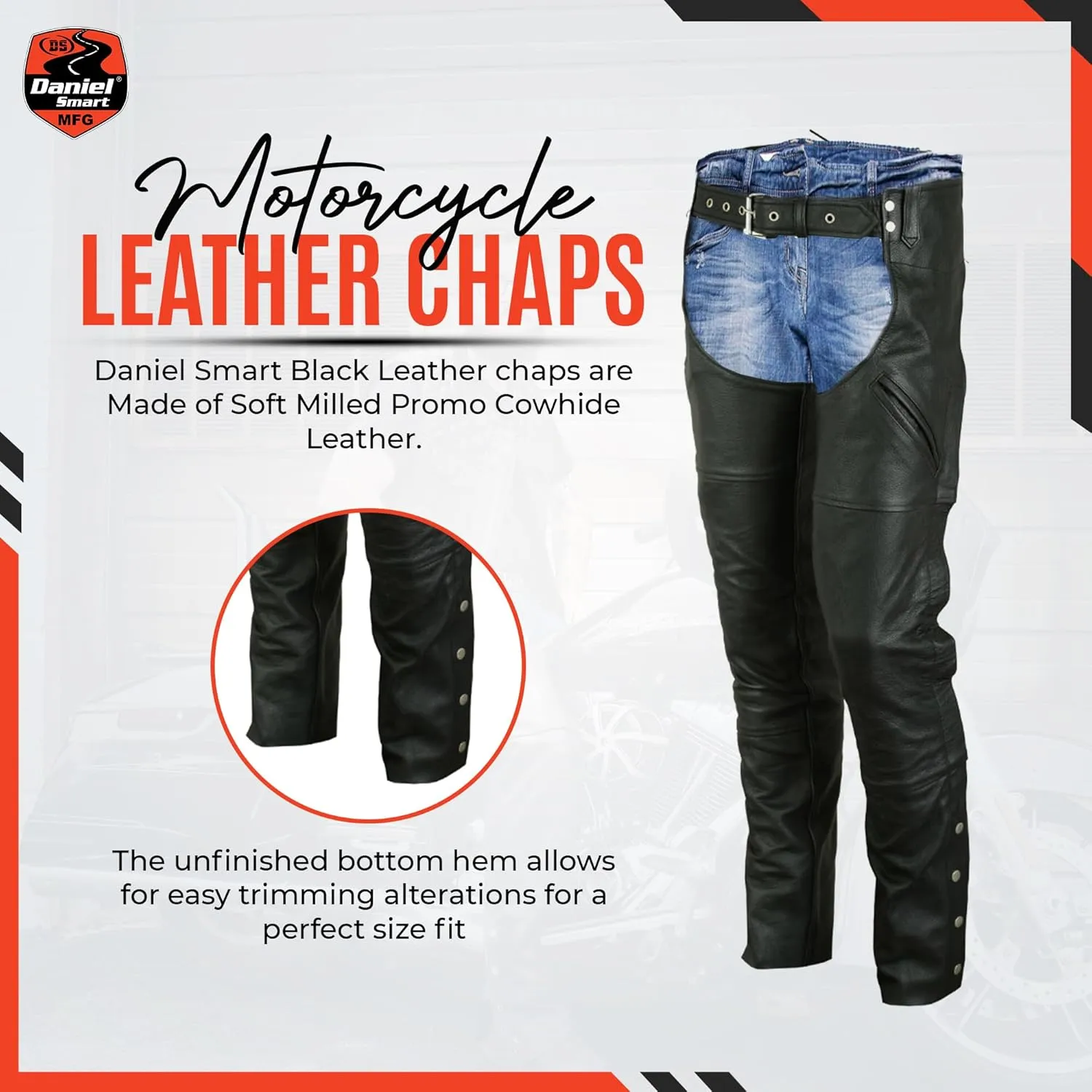 Daniel Smart Motorcycle Economy Leather Chaps All Season Unisex Biker Assless Chaps with Customizable fit and Carry Pockets