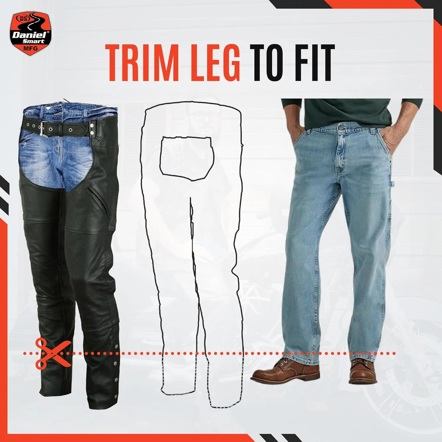 Daniel Smart Motorcycle Economy Leather Chaps All Season Unisex Biker Assless Chaps with Customizable fit and Carry Pockets