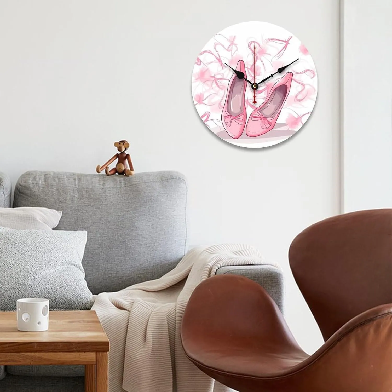 Decorative Wooden Modern Wall Clock Non Ticking Wall Clock Ballet Shoes Round Battery Operated Clock for Bathroom Kitchen Bedroom Living Room Black 13.4 in