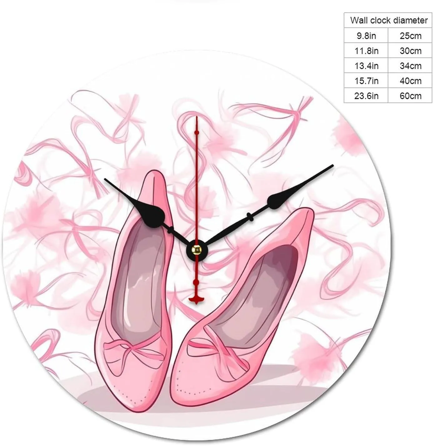 Decorative Wooden Modern Wall Clock Non Ticking Wall Clock Ballet Shoes Round Battery Operated Clock for Bathroom Kitchen Bedroom Living Room Black 13.4 in