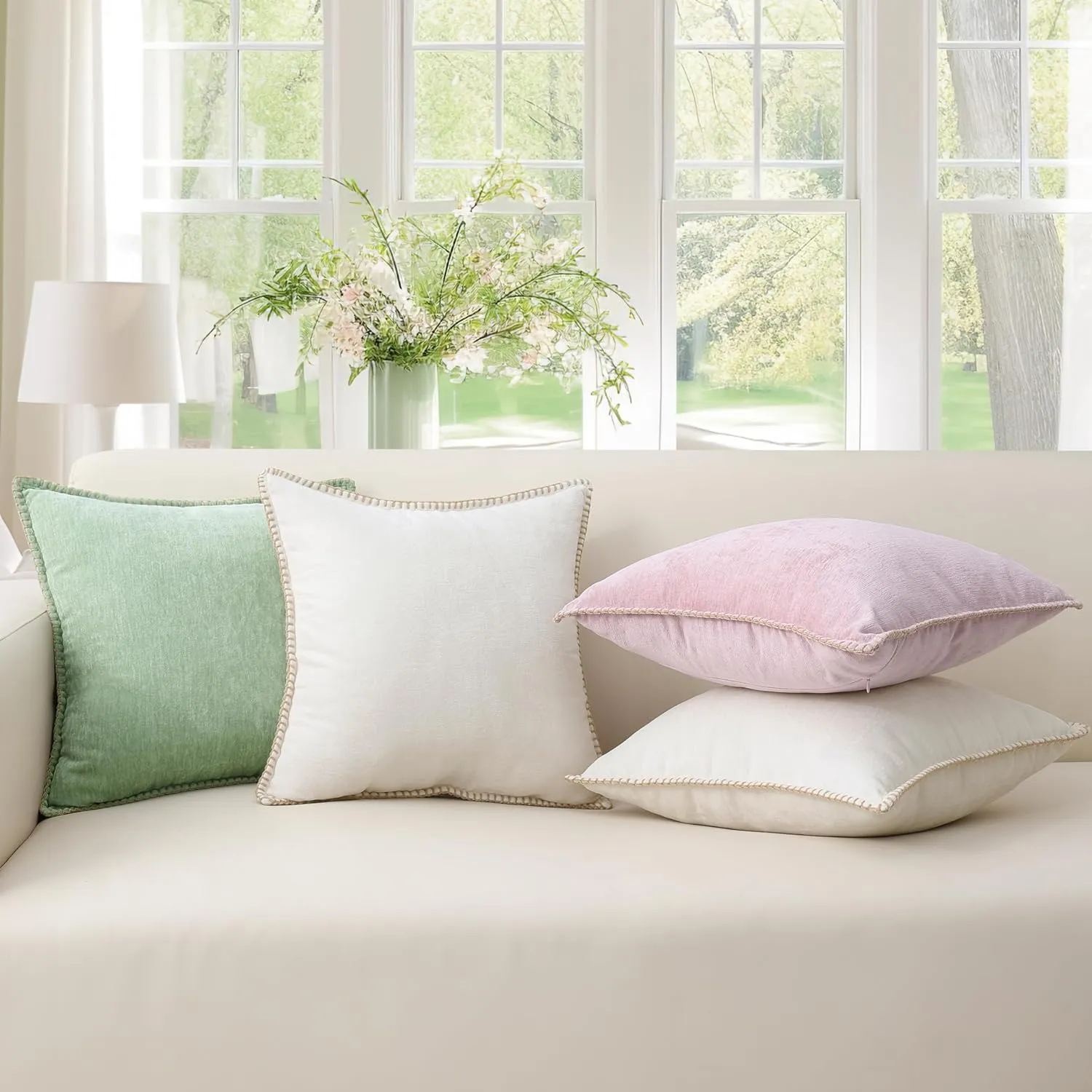 decorUhome Chenille Soft Throw Pillow Covers 12x20 Set of 2, Lumbar Velvet Farmhouse Neutral Decorative Pillow Covers with Stitched Edge for Couch Sofa Bed Home Decor, Cream White