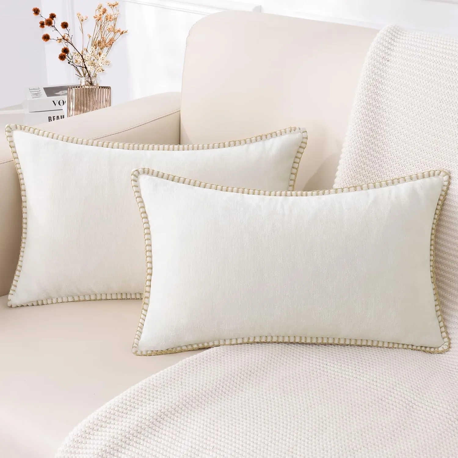 decorUhome Chenille Soft Throw Pillow Covers 12x20 Set of 2, Lumbar Velvet Farmhouse Neutral Decorative Pillow Covers with Stitched Edge for Couch Sofa Bed Home Decor, Cream White