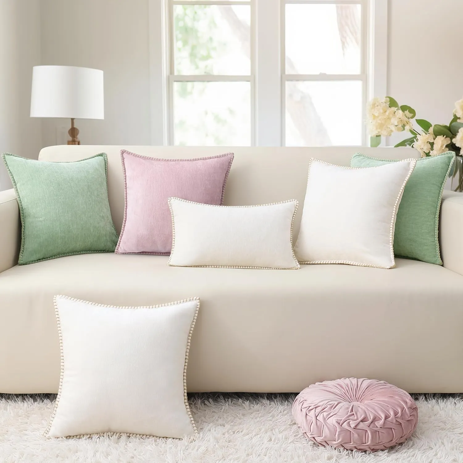 decorUhome Chenille Soft Throw Pillow Covers 12x20 Set of 2, Lumbar Velvet Farmhouse Neutral Decorative Pillow Covers with Stitched Edge for Couch Sofa Bed Home Decor, Cream White