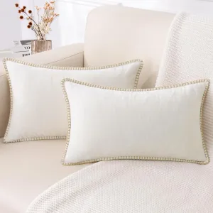decorUhome Chenille Soft Throw Pillow Covers 12x20 Set of 2, Lumbar Velvet Farmhouse Neutral Decorative Pillow Covers with Stitched Edge for Couch Sofa Bed Home Decor, Cream White