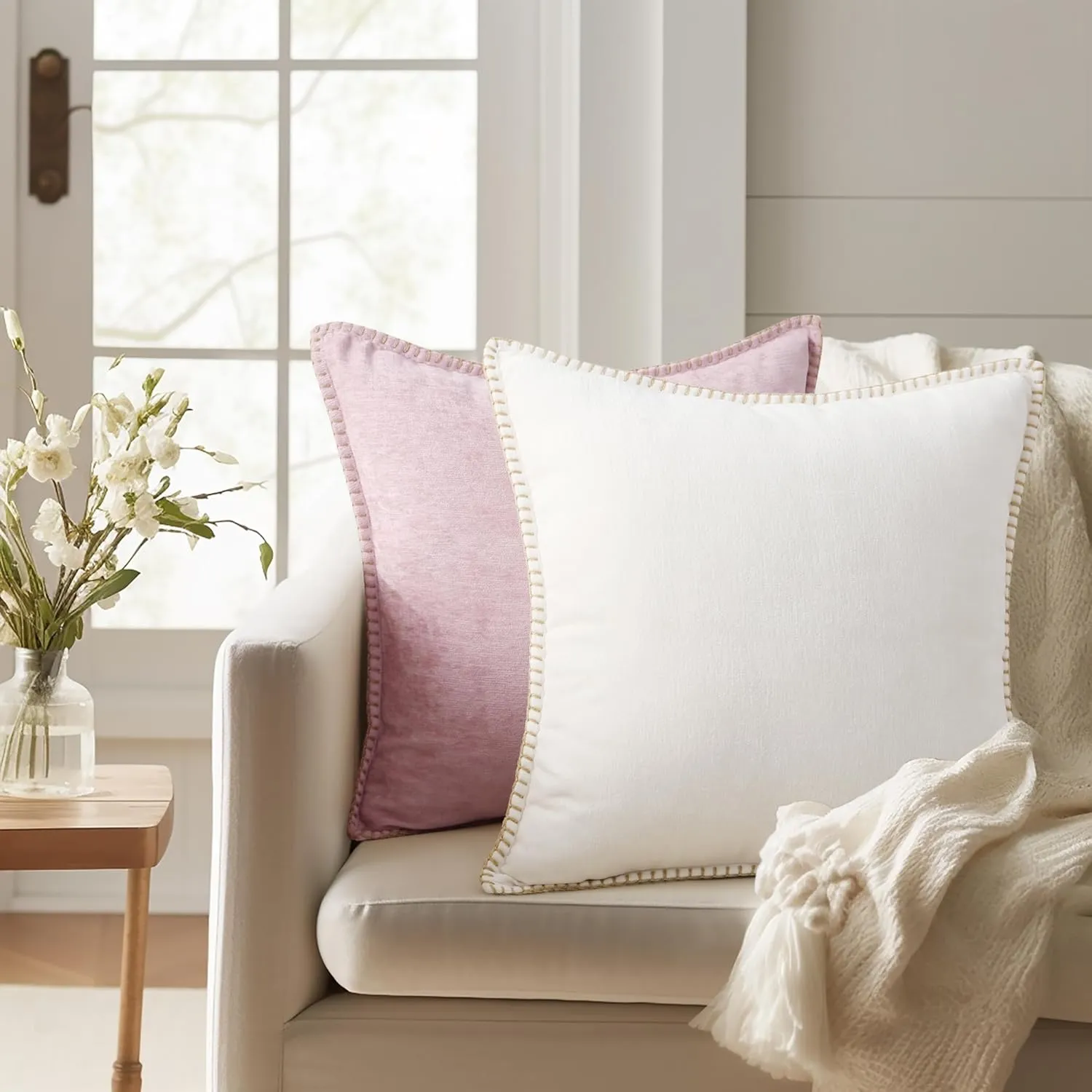 decorUhome Chenille Soft Throw Pillow Covers 12x20 Set of 2, Lumbar Velvet Farmhouse Neutral Decorative Pillow Covers with Stitched Edge for Couch Sofa Bed Home Decor, Cream White