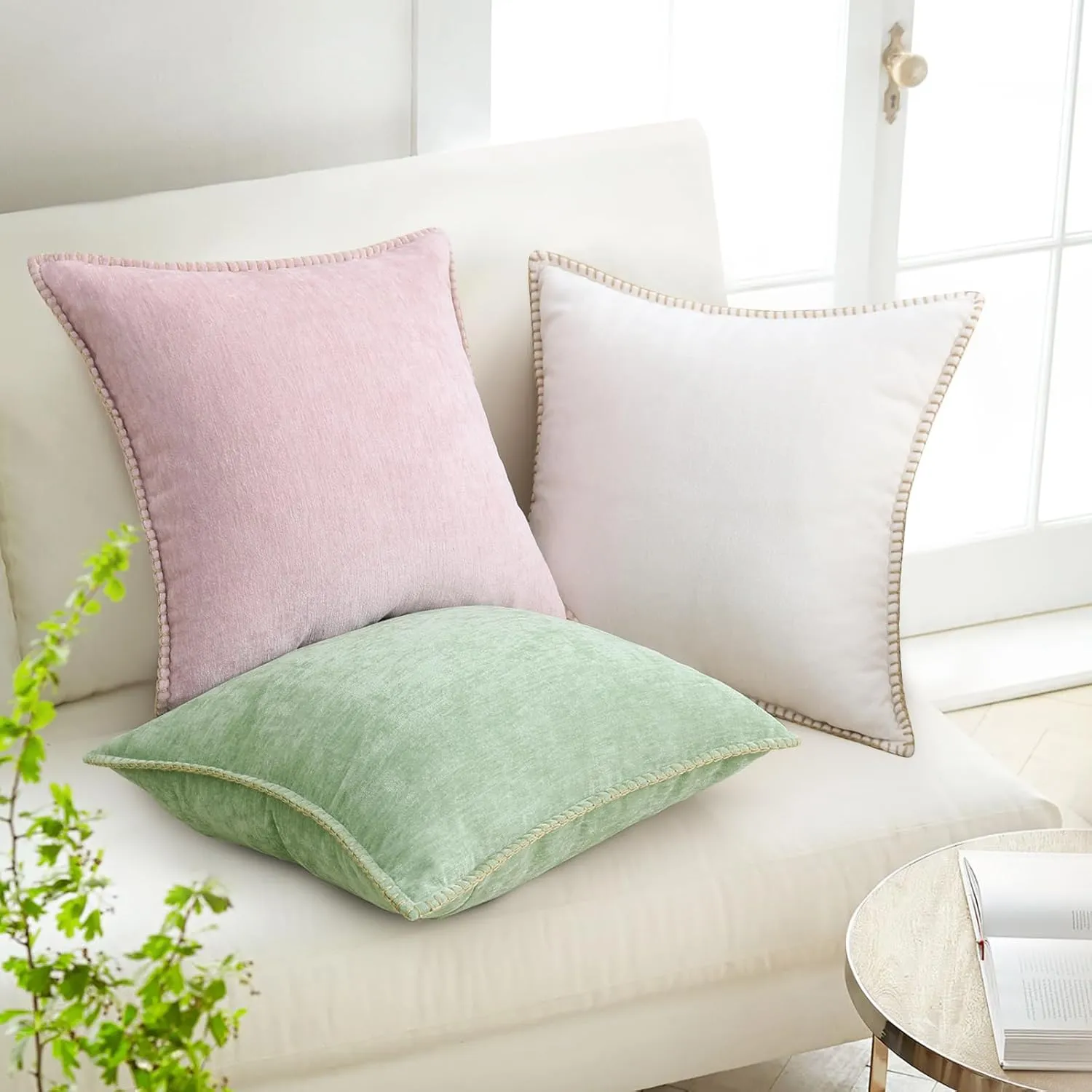 decorUhome Chenille Soft Throw Pillow Covers 12x20 Set of 2, Lumbar Velvet Farmhouse Neutral Decorative Pillow Covers with Stitched Edge for Couch Sofa Bed Home Decor, Cream White
