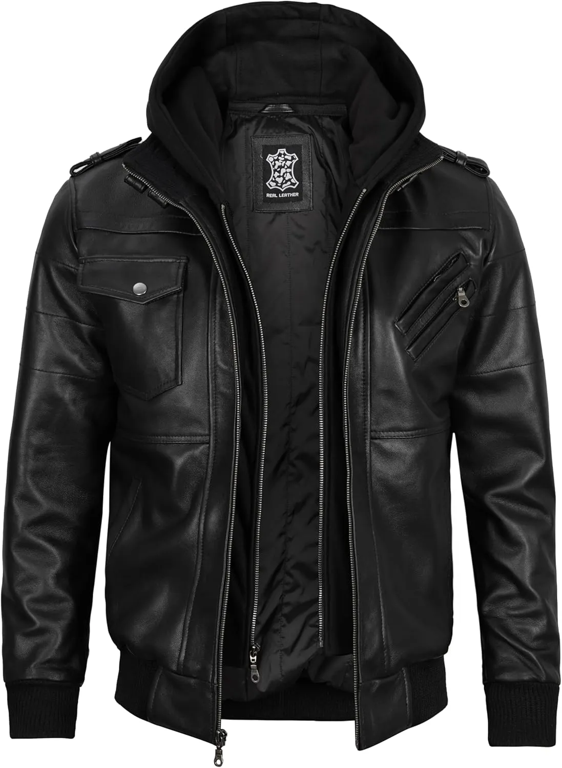 Decrum Hooded Leather Jacket Men - Casual Detachable Hood Leather Jackets for Men