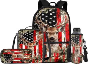 Deer Backpack for Girls School Bag with Lunch Bag Pencil Case Water Bottle Holder 4PCS Boys American Flag Camo School Daypack Travel Bag Satchel Bagpack Back to School Supplies