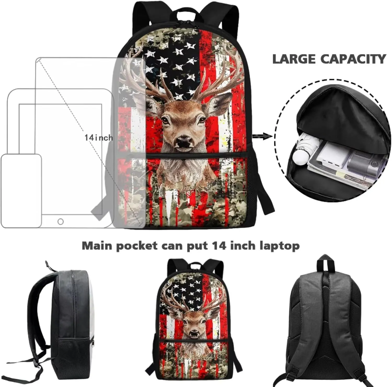 Deer Backpack for Girls School Bag with Lunch Bag Pencil Case Water Bottle Holder 4PCS Boys American Flag Camo School Daypack Travel Bag Satchel Bagpack Back to School Supplies