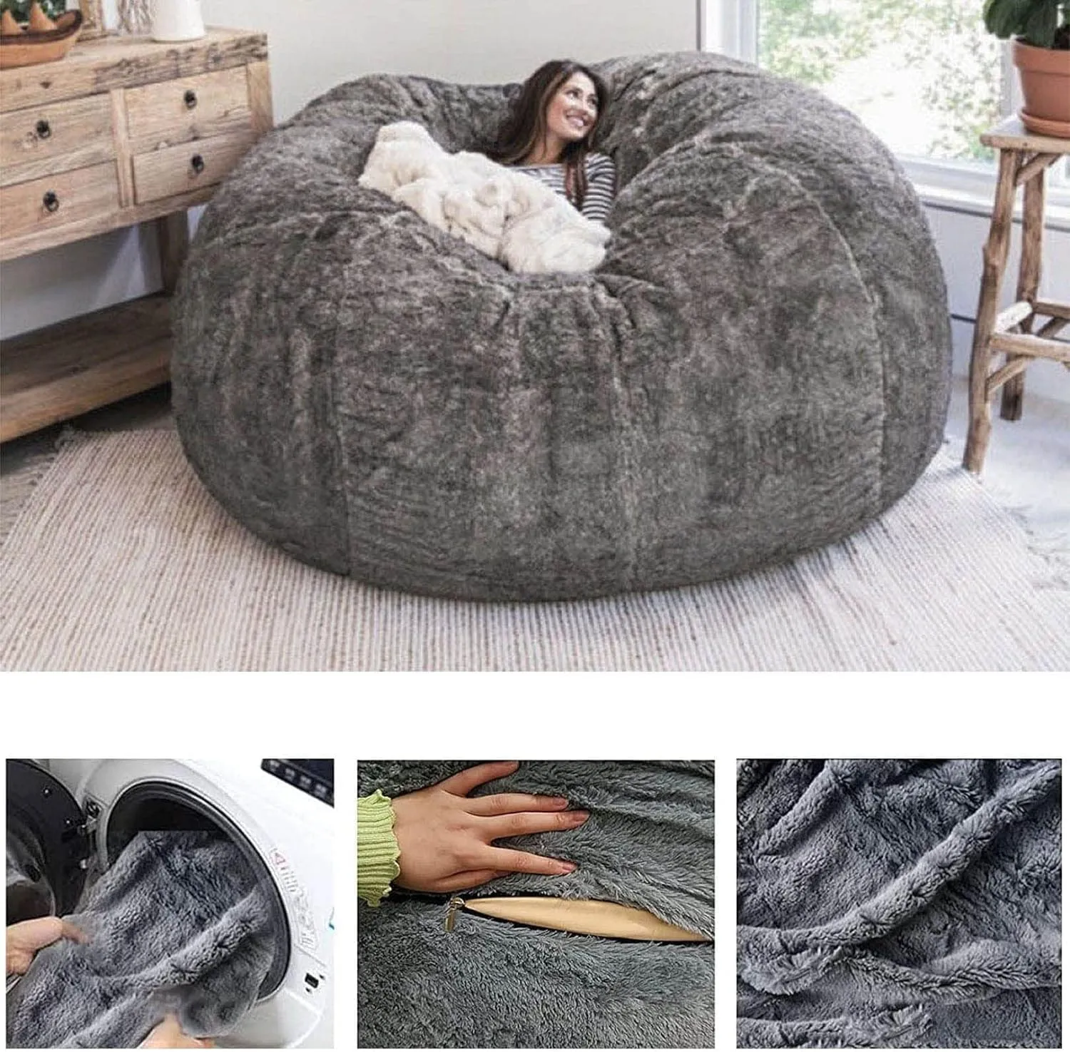 DELADOLA Bean Bag Cover - NO Filler, Cover ONLY - Big Soft Fluffy Fur Portable Living Room Sofa Bed Cover (Orange, 7FT)